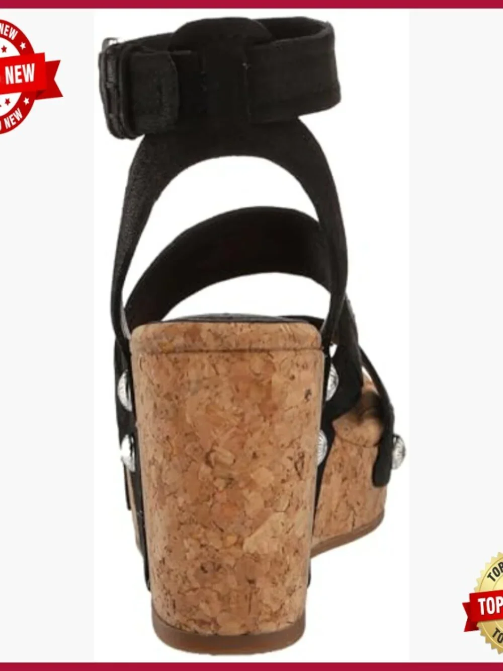 Studded Cork Wedge Sandals, Leather Upper, Ankle Strap, Casual Wear